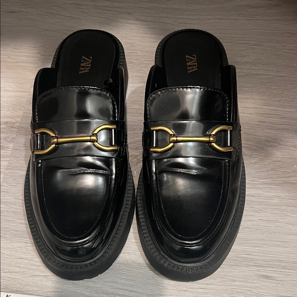 Zara Men's Glossy Black Loafers with Gold Detail